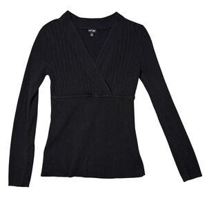 Apt 9 Womens Babydoll Top M Black Ribbed Surplice V Neck Long Sleeve Y2K